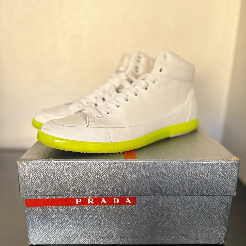 PRADA White and Neon Green Sneakers